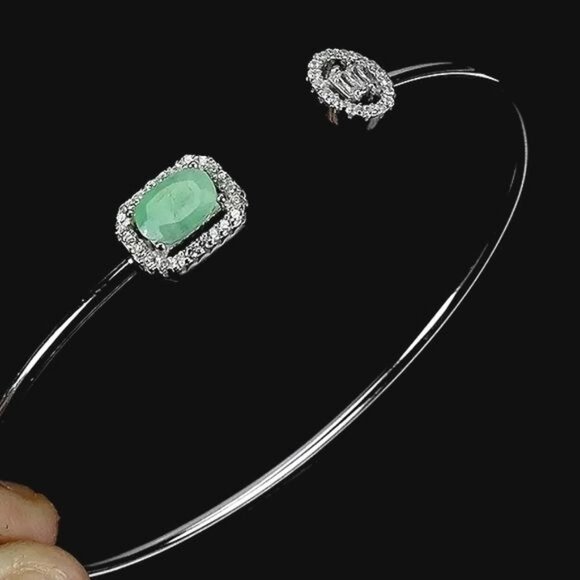 925 Sterling Silver Bangle Bracelet with Natural Emerald & CZ
